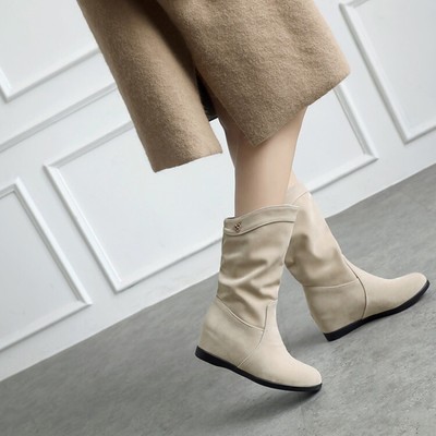 缺码断码处理特价 女鞋米色靴子内增高高跟中筒靴女大码女靴 MD