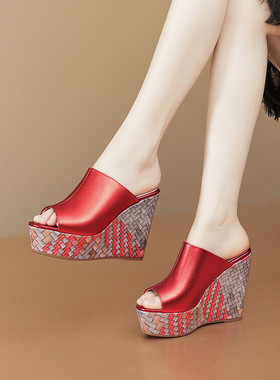 夏季全皮真皮凉拖性感超高跟坡跟拖鞋女灰色红色增高厚底凉鞋QMS