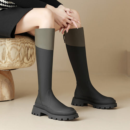 墨绿色靴子马丁靴中跟高筒靴女骑士靴秋冬季长靴皮靴真皮女靴 MK