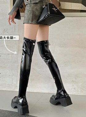 过膝秋冬款女鞋高筒长靴圆头松糕底皮靴真皮女靴MKMK