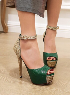 缺码断码处理跟凉鞋女绿色鞋子防水台细跟鱼嘴鞋防水台性感 LLY