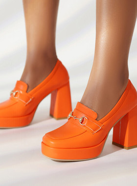 春秋厚底防水台方头粗跟高跟单鞋女米白色桔色橙色橘色大码鞋 HC