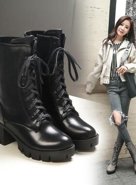 女靴秋冬女鞋女靴灰色黄色粗跟学院高跟系带大码马丁靴 40-46 dch