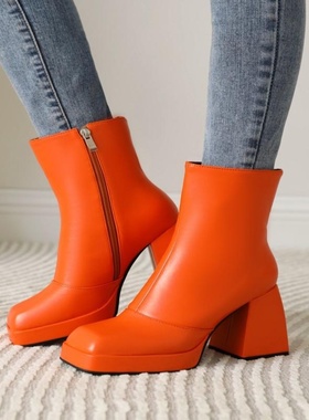 方头鞋粗跟马丁靴高跟短筒女厚底短靴蓝色紫色橘色靴子大码靴 XTD