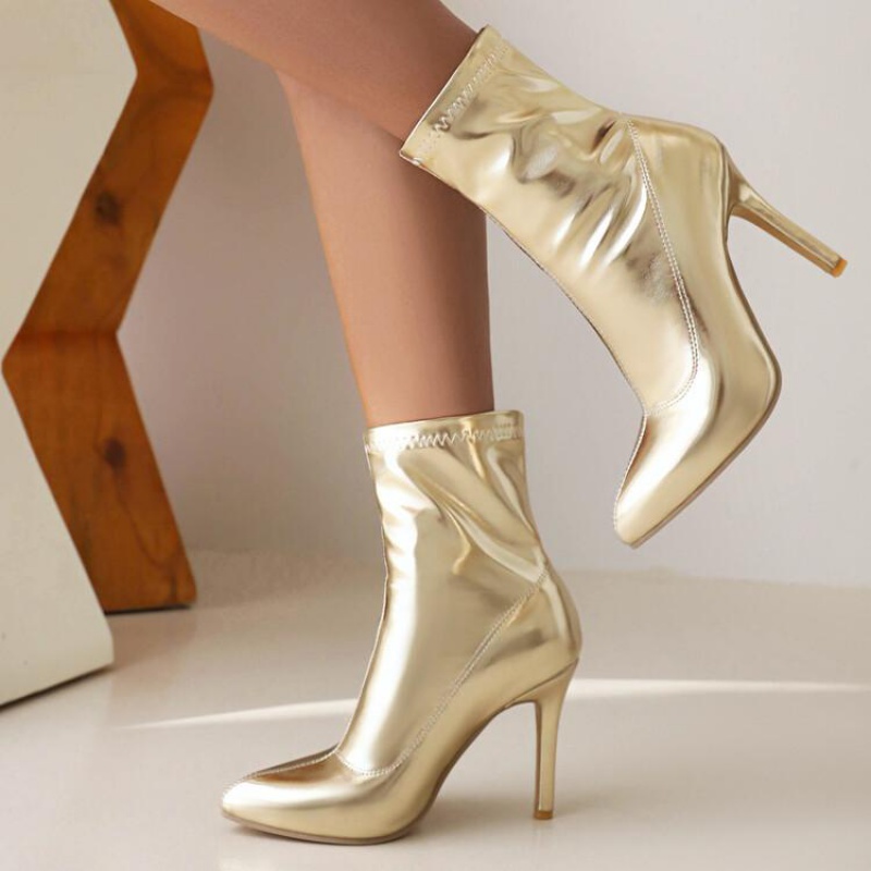 金色银色靴子细跟高跟短靴女婚鞋新娘鞋短筒模特走秀大码女靴 RH