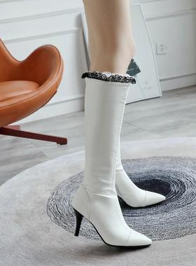 秋冬瘦靴绿色靴白色靴子尖头鞋细跟高跟高筒女大码女靴小码 ASCP