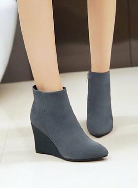 秋冬绒面灰色酒红色女鞋高跟短靴坡跟靴子小码大码女靴 40-43 JSL