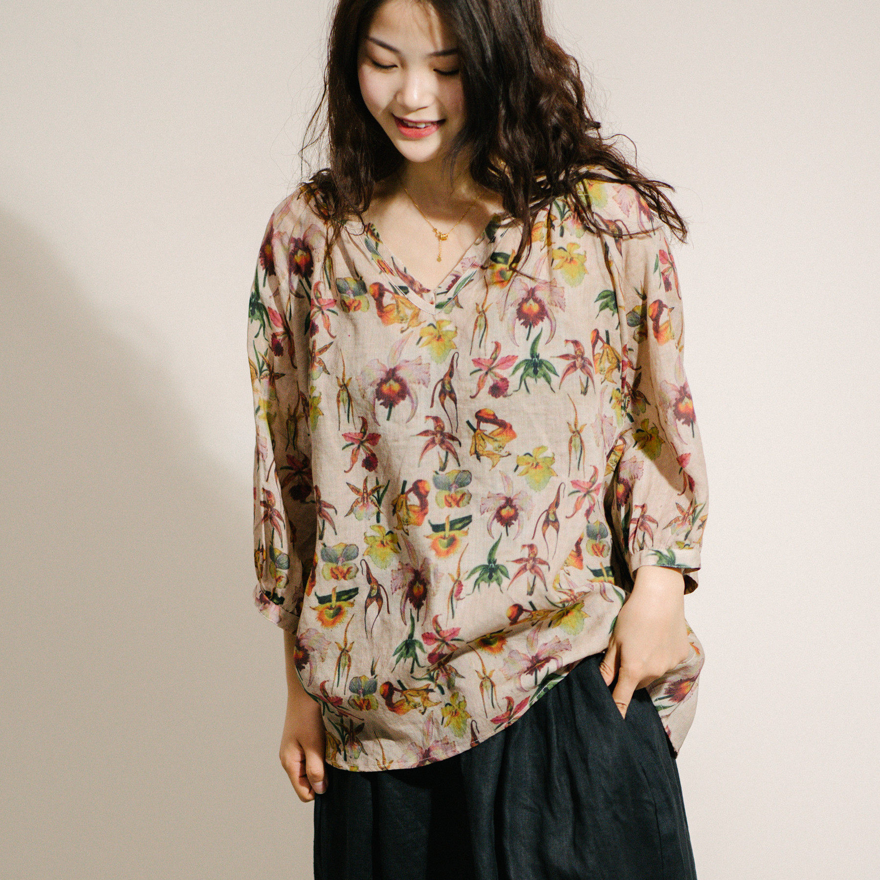 高端纯苎麻上衣亚麻短款大码棉麻花衬衫女复古泰国新款21年夏