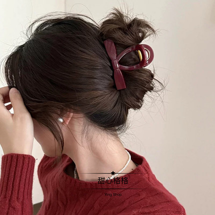 发量少入～复古酒红蝴蝶结抓夹韩国气质高级感发夹后脑勺鲨鱼夹子