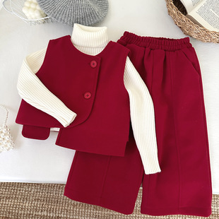 女童小香风漂亮高级红色马甲裤子两件套2026冬季新款韩版宝宝套装