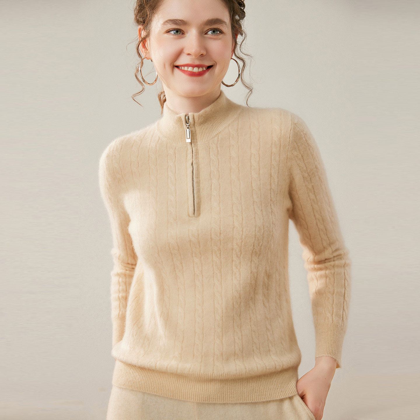 260克半拉链半高领扭花100%纯山羊绒衫女加厚打底衫软糯内搭毛衣,女装/女士精品,羊绒衫,淘宝优惠券,粉丝福利购,淘宝优惠卷