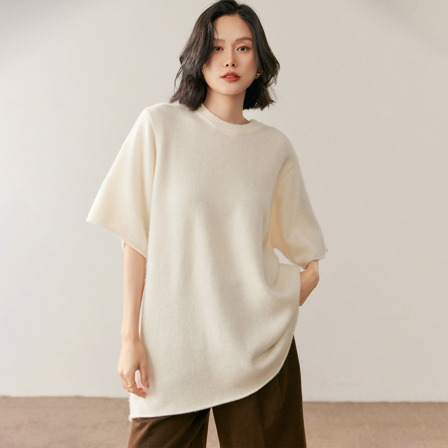 490克中长款圆领山羊绒衫女五分袖慵懒打底衫叠穿中袖羊毛衫内搭,女装/女士精品,羊绒衫,淘宝优惠券,粉丝福利购,淘宝优惠卷