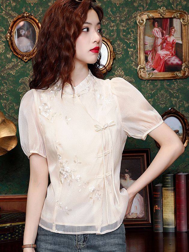 2025夏季新款百搭显瘦新中式泡泡袖气质盘扣衬衫国风上衣T恤女潮