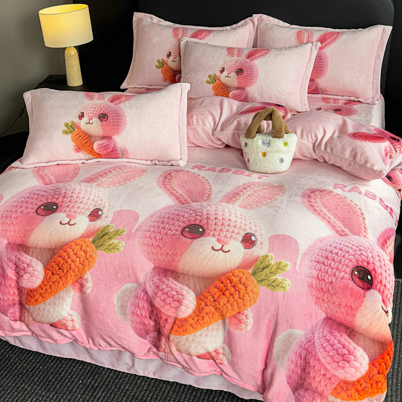 幸运兔粉2025新款6-8斤宝宝绒数码5D牛奶绒四件套单人三件套