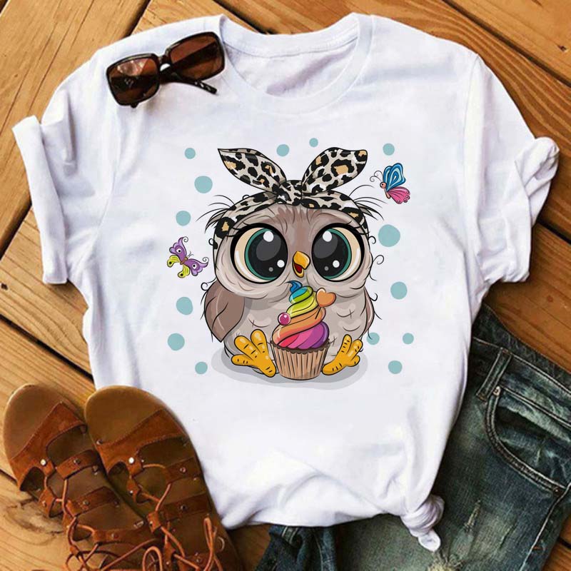 Cartoon Owl T Shirt可爱卡通猫头鹰亲子印花短袖t恤女夏季