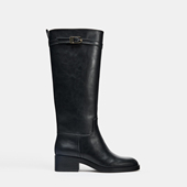 ZA2025新款 金属扣高筒靴子骑士靴女粗跟长靴圆头不过膝黑色长筒靴