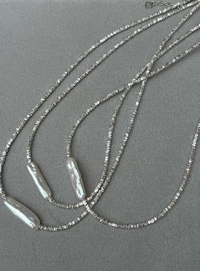 通体纯银碎银子小银条珍珠项链，天然强光小银条淡水巴洛克珍珠