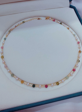 新款天然碧玺手工制作满天星项链，搭配天然淡水珍珠近正圆颈项链