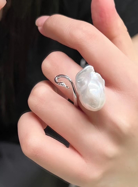 新品天鹅大巴戒指天然强光巴洛克淡水珍珠开口戒圈设计