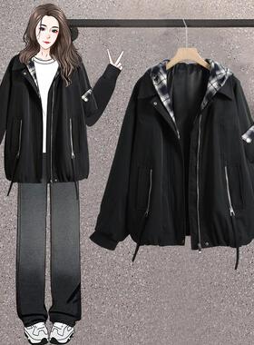 胖MM大码女装2026年春秋新款假两件小个子宽松显瘦休闲夹克外套潮