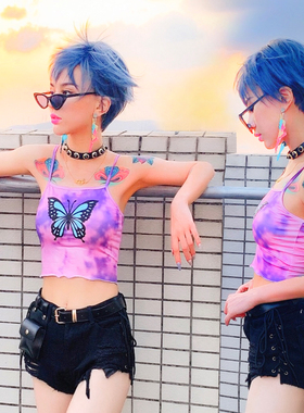 促销酒吧ds演出服新款紫色扎染蝴蝶小背心吊带上衣牛仔短裤套装