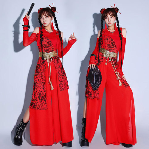 爵士舞演出服女套装红色国潮表演服kpop女团打歌服中国风舞蹈服装