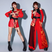 中国风舞蹈服红色国潮风舞台装 打鼓服年会表演服爵士舞演出服新款