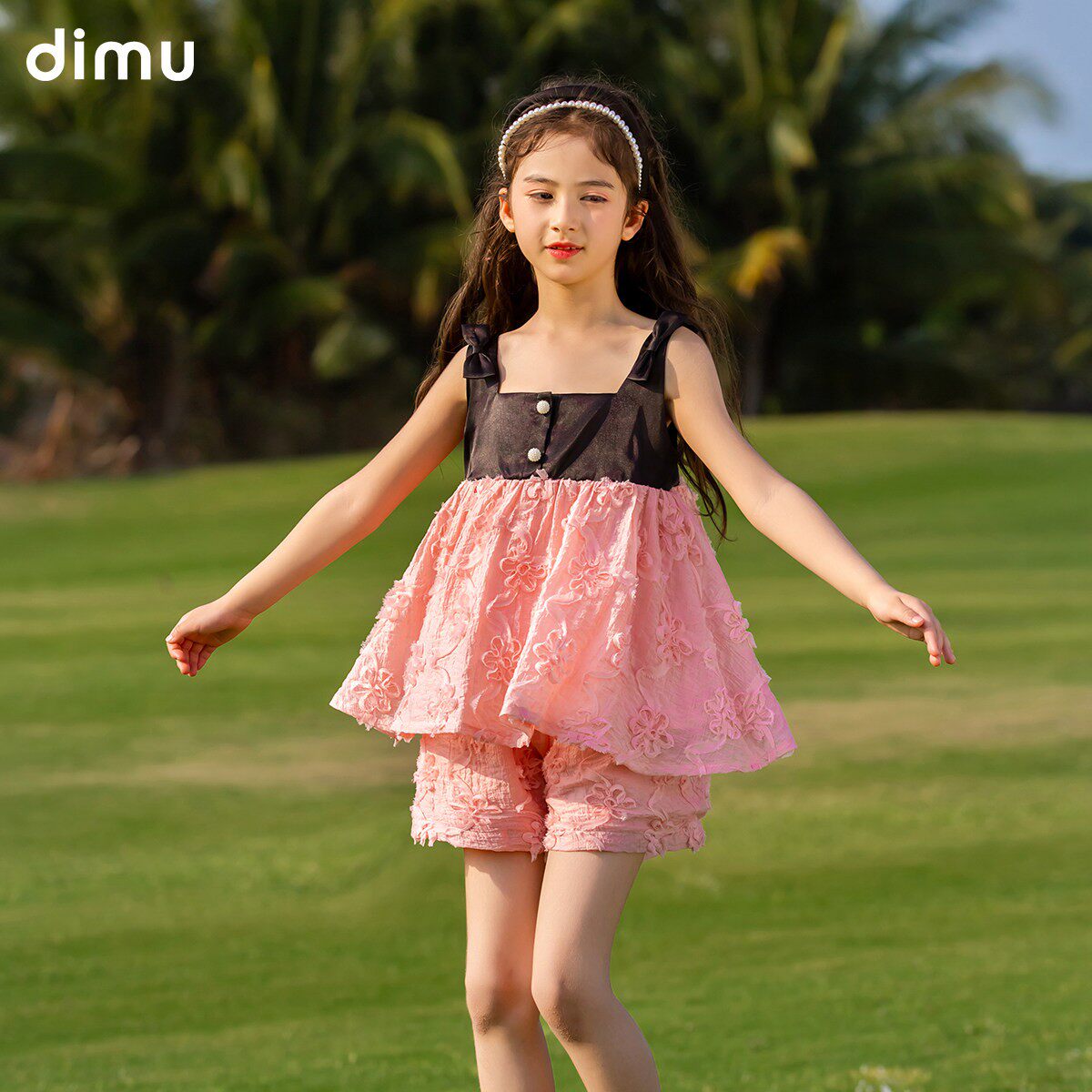 笛牧女童套装2026夏装洋气粉色提花新款吊带上衣短裤两件套