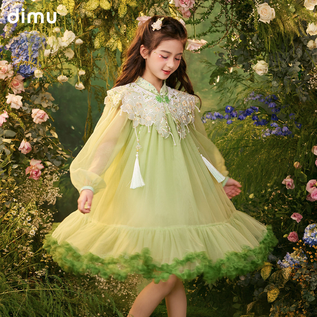 笛牧女童连衣裙2025秋新款洋气时尚小女孩儿童超仙网纱蓬蓬公主裙