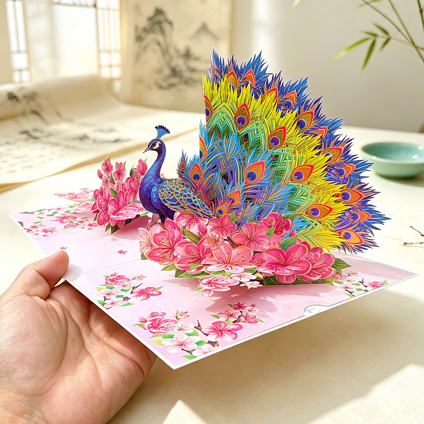 孔雀桃花3D立体贺卡美好祝福生日感恩教师节卡片云南傣族纪念品