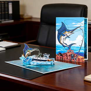 海钓大旗鱼立体贺卡3D创意卡片励志祝福送老板爸爸男生退休卡ins