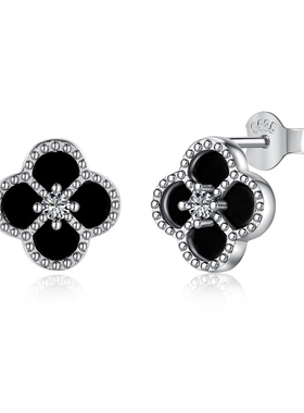 S925纯银白色圆锆镶嵌黑玛瑙四叶草精致小巧时尚大气耳钉