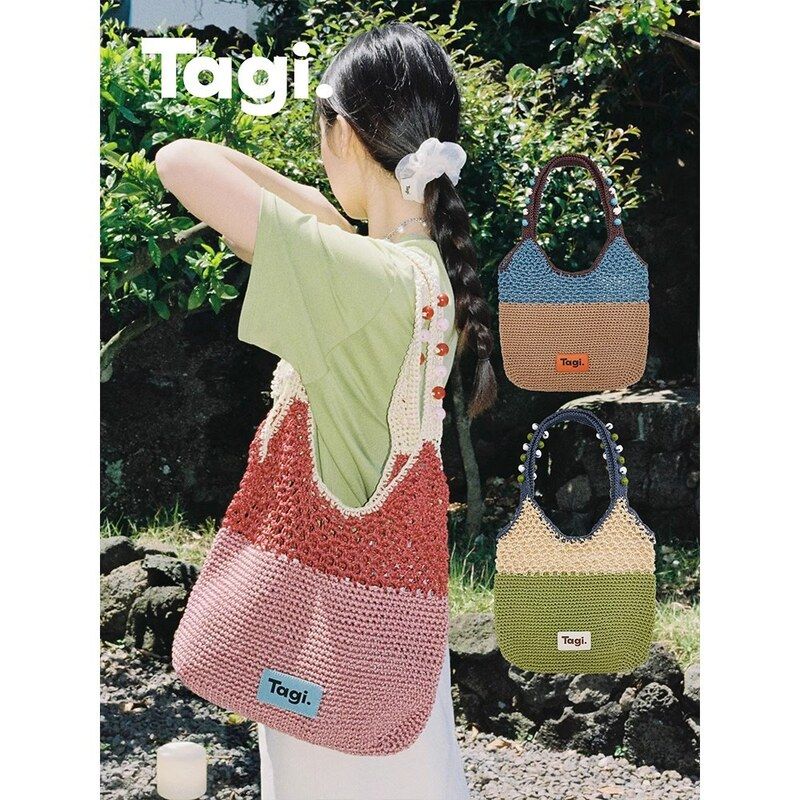 Tagi.机灵果子手工串木珠手提通勤百搭撞色单肩编织包街头潮流图片