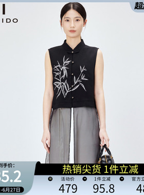 傲丝度新中式立领刺绣马甲女黑色拼接设计国风背心上衣无袖外套