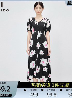 傲丝度法式V领泡泡袖连衣裙女夏季长款度假风黑色碎花大摆裙子