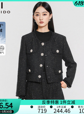 傲丝度黑色小香风羽绒服女气质优雅高级感小个子短款羽绒毛呢外套