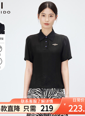 傲丝度黑色POLO领短袖T恤女夏装通勤学院风翻领上衣简约百搭衬衫
