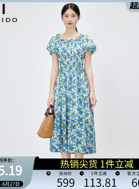 傲丝度法式蓝色碎花连衣裙女夏泡泡袖方领收腰气质长款优雅雪纺裙