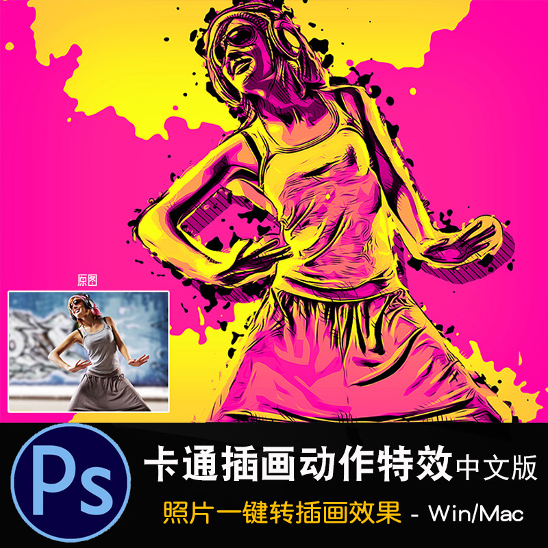 PS一键照片转卡通动漫特效动作 手绘插画效果中文版设计创意海报