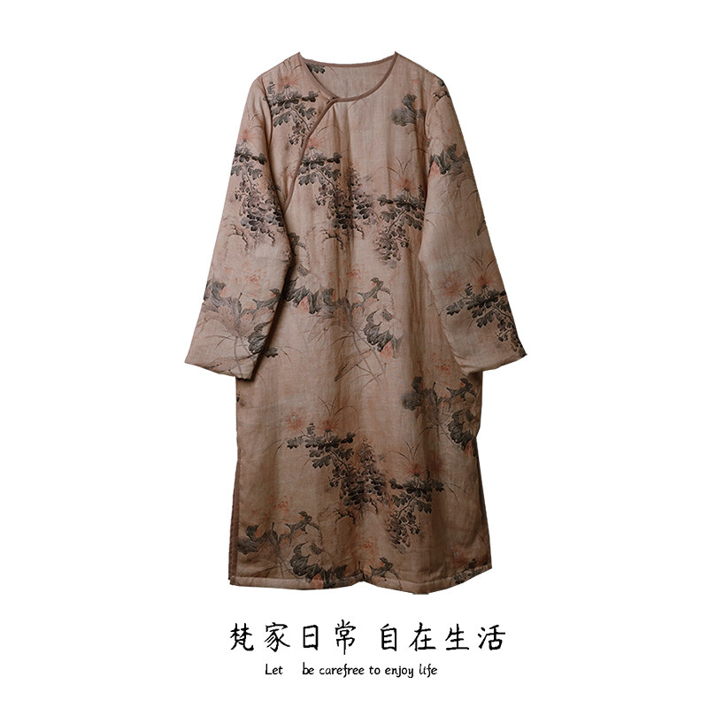 暮云 秋冬季女装新品国风印花圆领加厚袍裙撞色包边棉裙中长款,女装/女士精品,连衣裙,淘宝优惠券,粉丝福利购,淘宝优惠卷