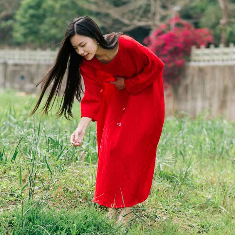 中国风大红色丝麻袍子手绘女装禅服连衣裙宽松长裙禅意复古裙出游