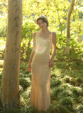 self秋冬新款针织裙SP同款立体花朵修身显白黄色连衣裙无袖毛衣裙