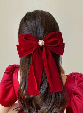 跨境红色丝绒蝴蝶结发夹头饰女新娘结婚敬酒服订婚宴会新年配饰品