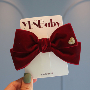 红色丝绒新年发夹儿童气质蝴蝶结公主马尾皮筋小女孩过年顶夹头饰