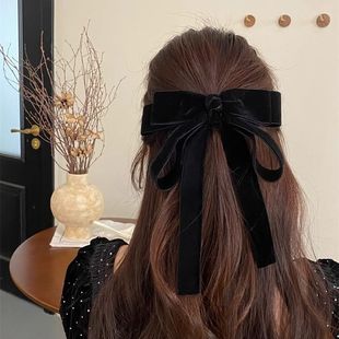 法式新款复古丝绒发夹飘带蝴蝶结弹簧少女后脑勺发卡马尾头饰