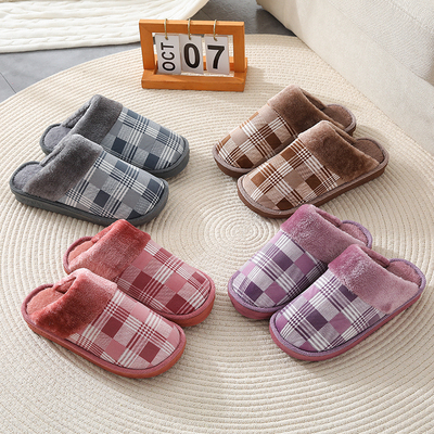 新款格子防滑加绒厚底毛口棉拖鞋