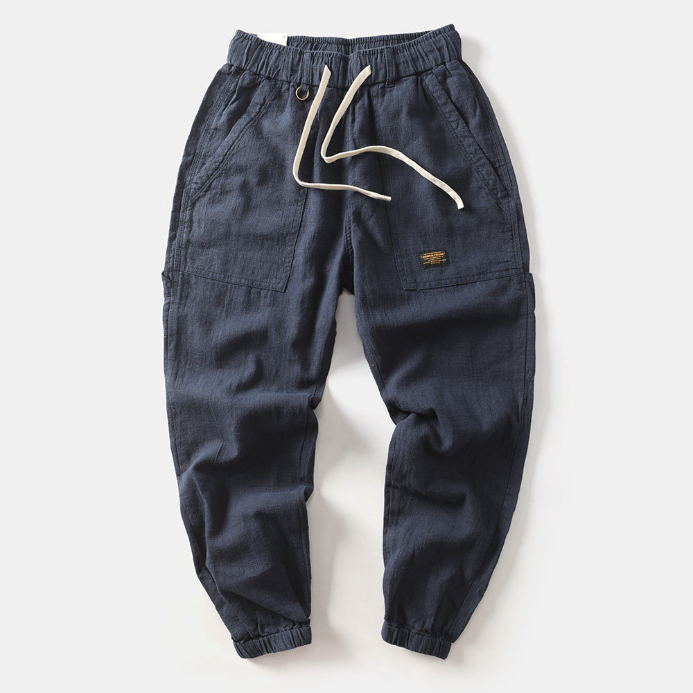夏季薄款苎麻棉麻休闲长裤宽松束脚裤直筒多口袋工装裤透气亚麻裤