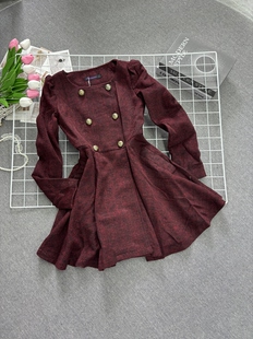 复古红色圆领长袖法式双排呢连衣裙新款秋冬收腰高级显瘦气质香风