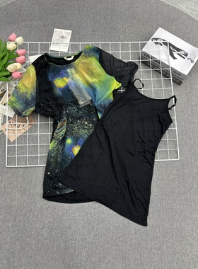 甜美风韩版印花显瘦设计夏季新款短袖两件雪纺衫宽松
