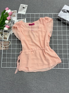 夏季抽绳甜美气质时尚显瘦圆领短袖雪纺上衣女设计感宽松显瘦减龄